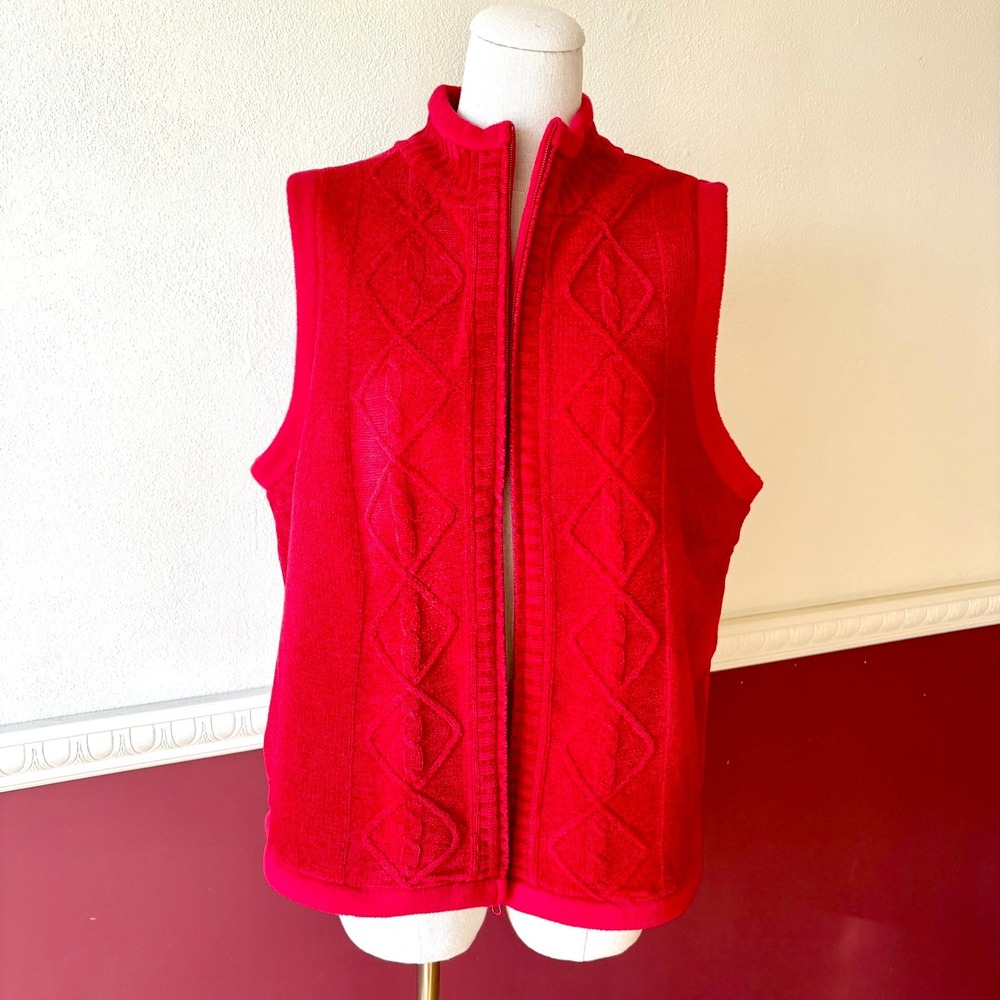 CJ Banks Reversible Cable Knit Chenille Fleece Vest Red Zip Up Women's 1X Cozy
